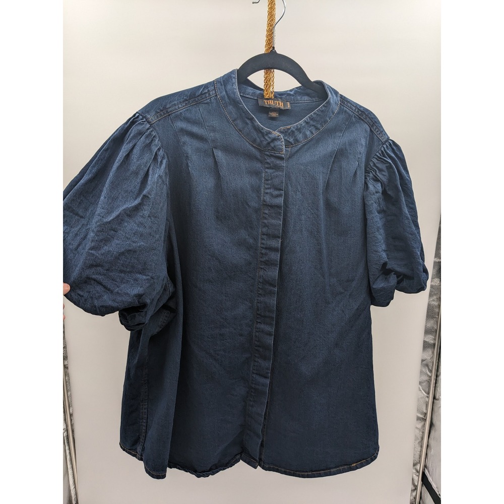 Truth by Republic Prairie Dark Wash Denim Puff Sleeve Blouse Cotton Mandarin 3X